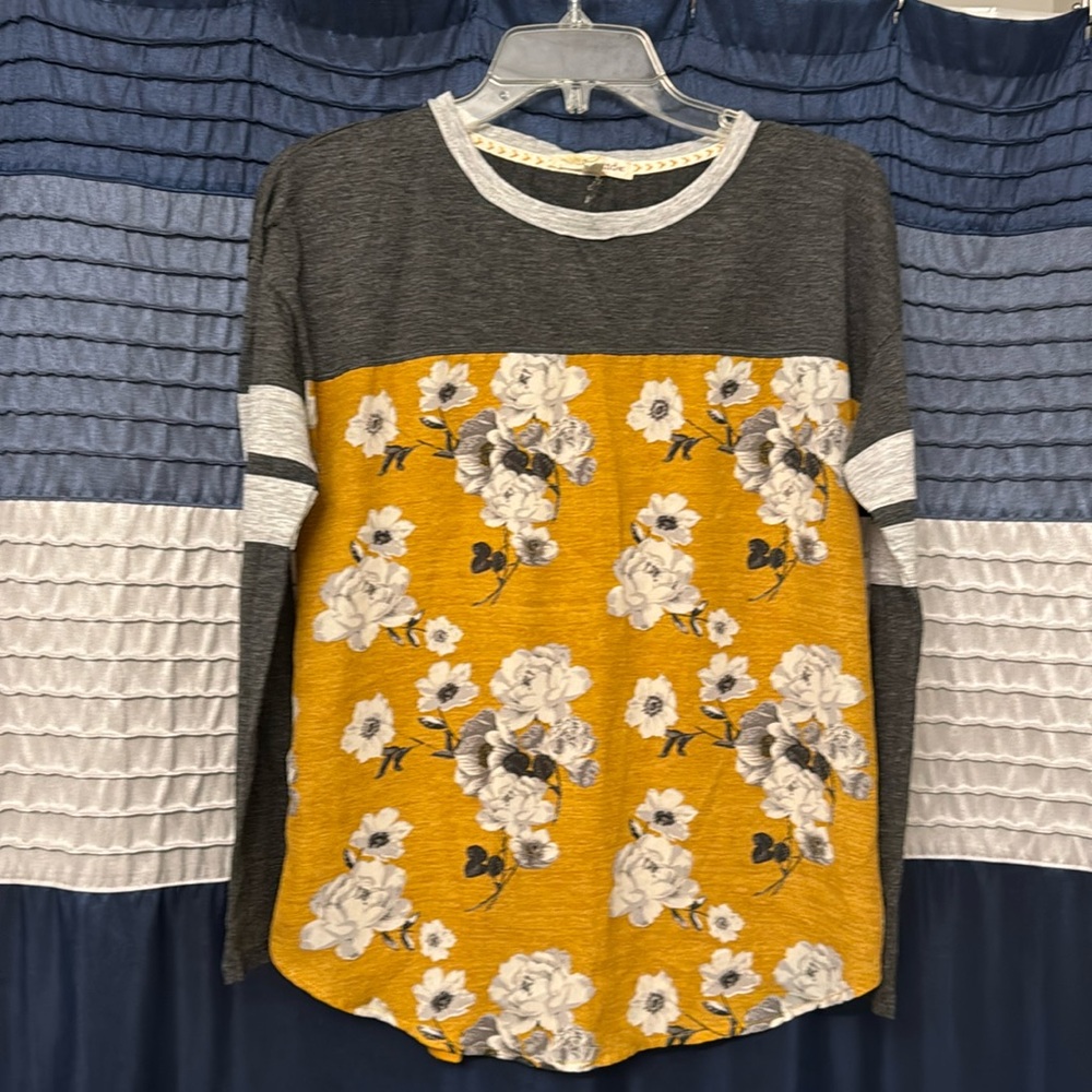 Gray and mustard yellow floral blouse